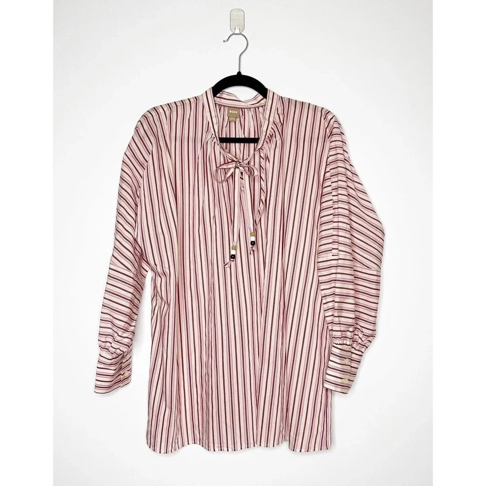 NEW BOSS Striped Bateco Shirt Top Tie Neck Long Sleeve Women's US 6 - Picture 2 of 6